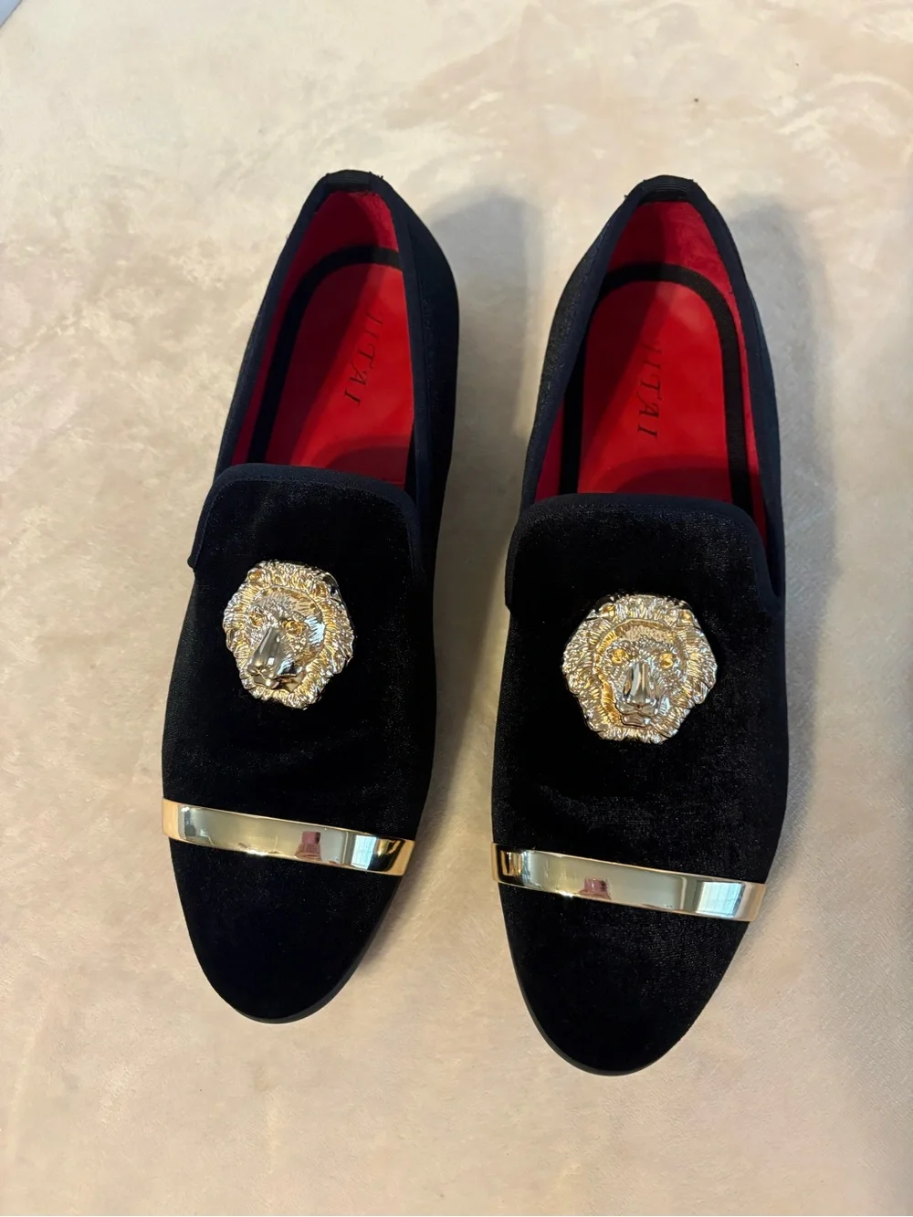 Tai Black Velvet Loafers with Gold Medallion and Gold Toe Accent